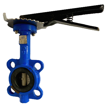Cast iron butterfly valve seen from the shaft side showing the neck, nameplate and top flange
