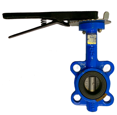 Cast iron butterfly valve viewed into the bore showing the disc edge on and the EPDM seat liner around it