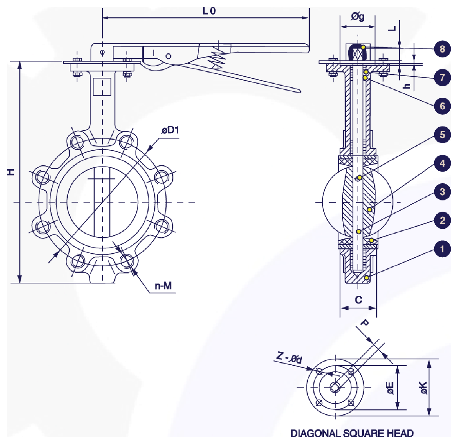 Sectional drawing of a ductile iron lug type butterfly valve with numbered callouts and square head detail