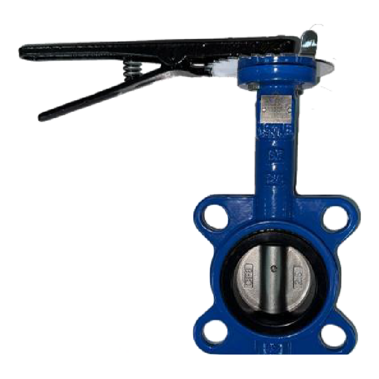 Blue ductile iron wafer type butterfly valve with black lever, DI cast into the neck and CF8 marked on the disc