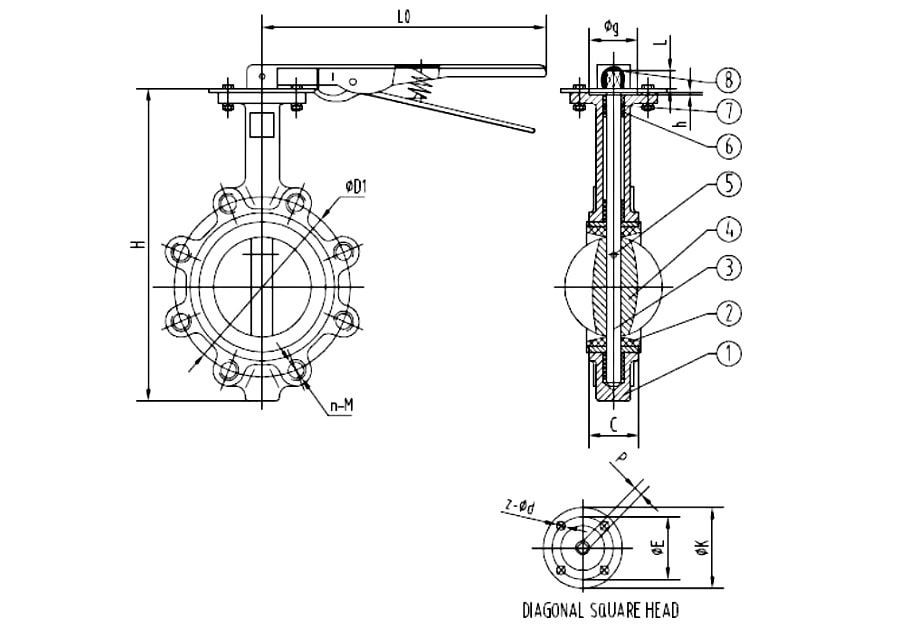 Sectional drawing of a lug type cast iron butterfly valve with numbered callouts