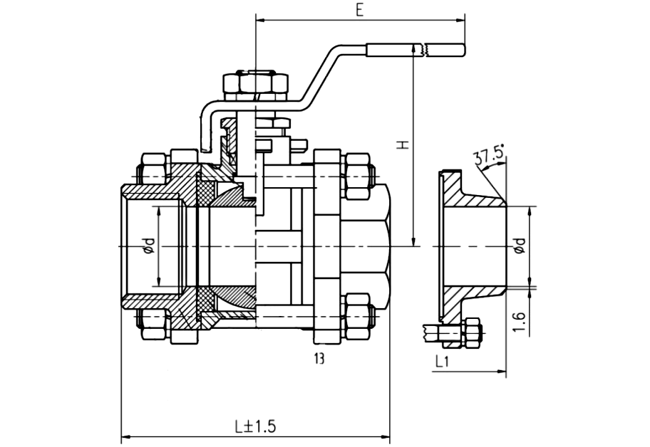 3 Piece Full Bore 1000 PSI Stainless Steel Butt Weld End Ball Valve Drawing