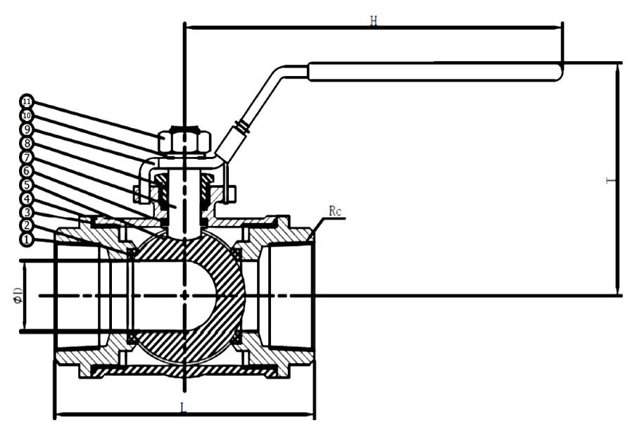 Low Pressure 1000 PSI Stainless Steel 3 Way Ball Valve T-Port​​ Drawing